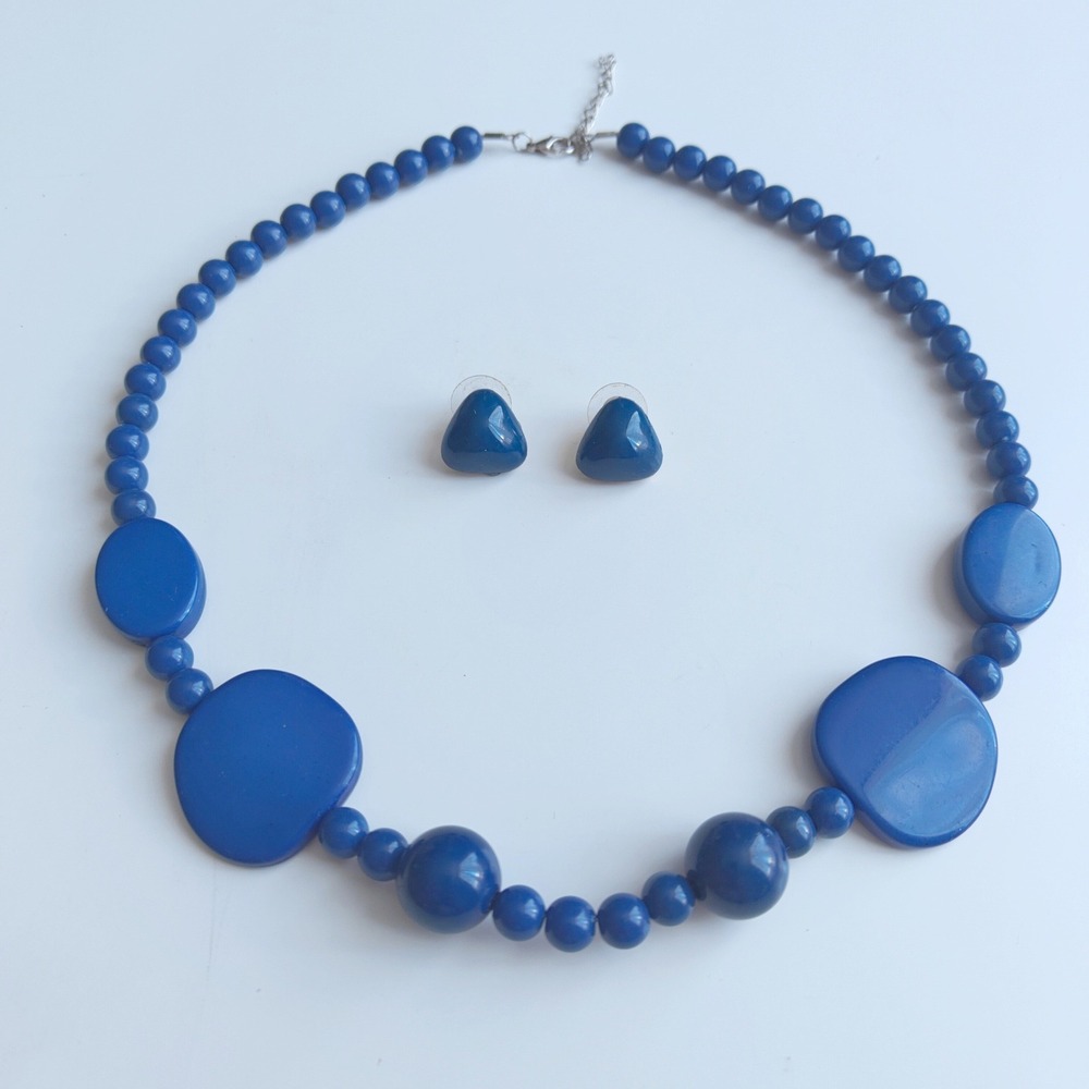 Cobalt Blue Chunky Beaded Statement Necklace Triangle Stud Earring Set Plastic